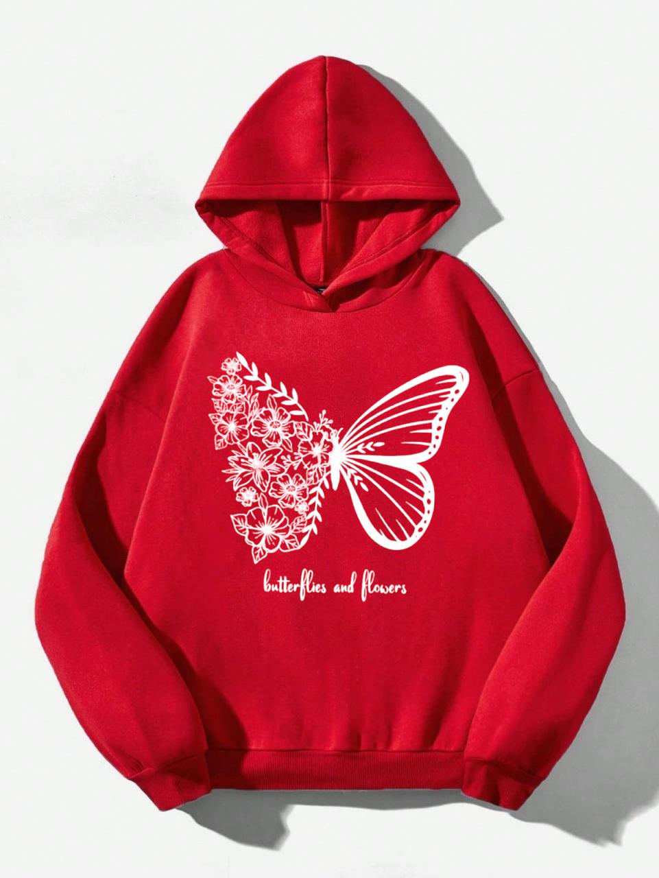 BUTTERFLY AND FLOWER FLEECE COMFY HOODIE